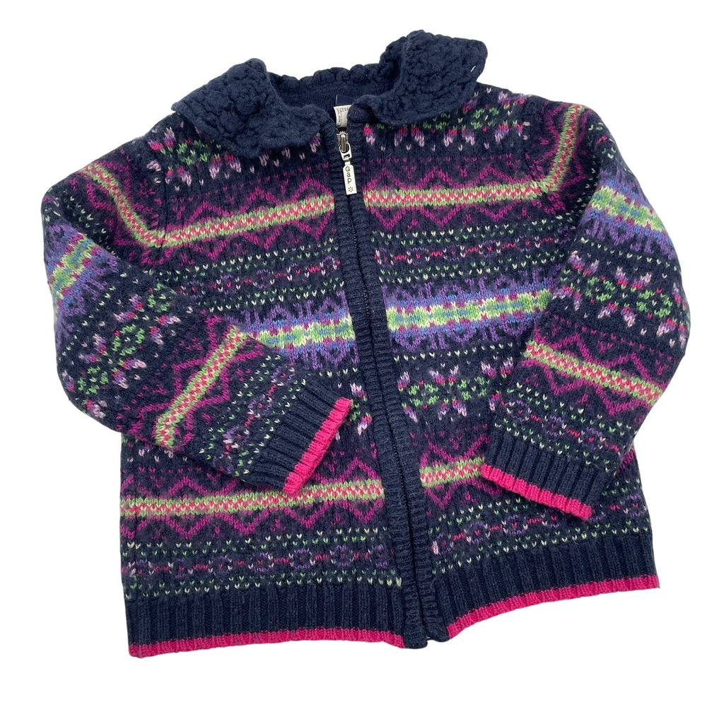 Vtg Y2k Baby Gap Toddler Girls Fair‎ Isle Wool Blend Zip Up Sweater Navy Pink 4T